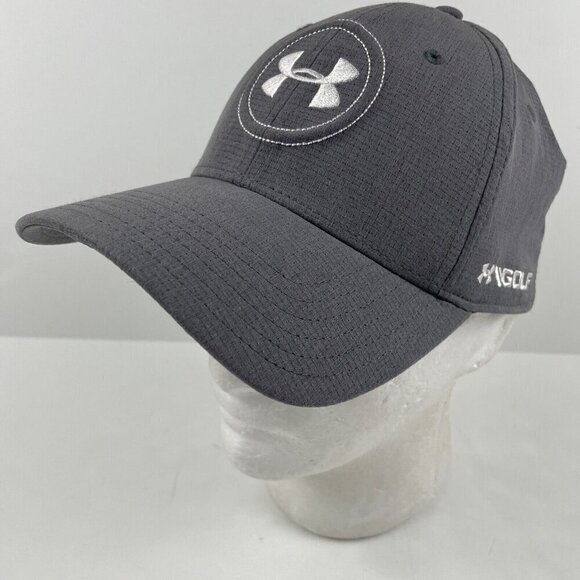 Under Armour UA Golf Hat Gray Lightweight Stretch Fitted M/L Golf White Logo - Picture 2 of 11